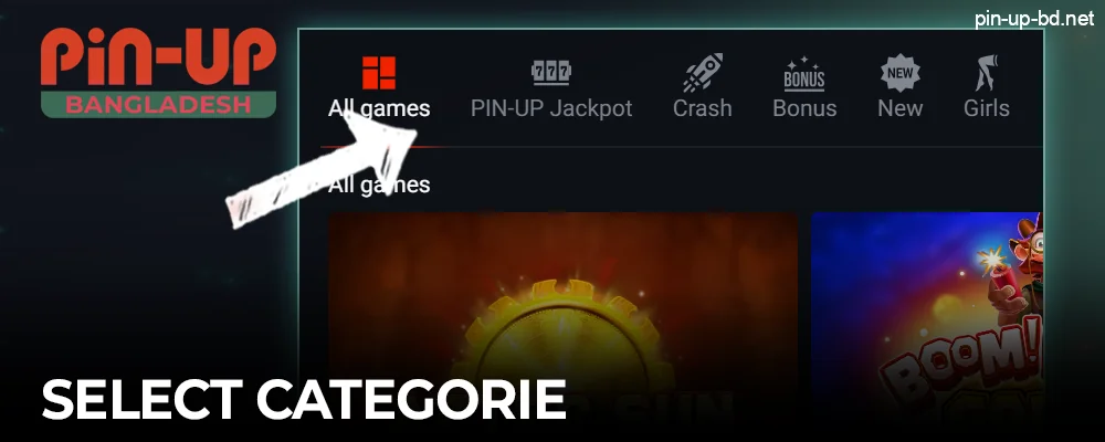 Look through the top submenu for Pin Up game categories